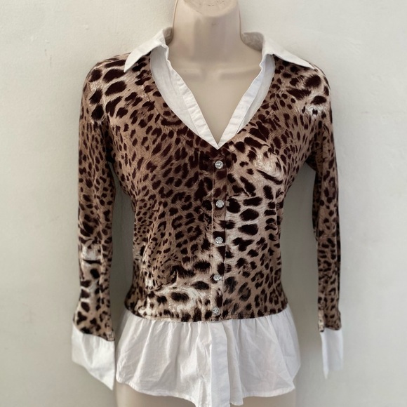 INC International Concepts preppy vtg y2k Animal Print Blouse with White Trim - Picture 2 of 5